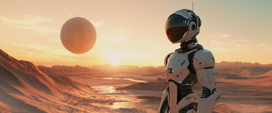 A futuristic robot stands on a desolate alien landscape at sunset, with a large planet looming in the sky