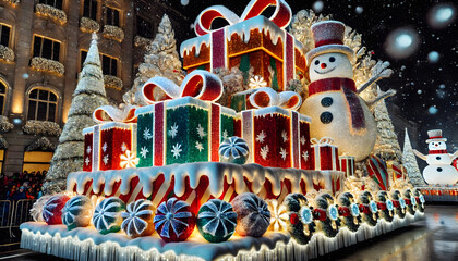 Fototapeta premium Snow-Covered Christmas Parade Float with Vibrant Ornaments