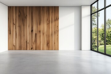 Obraz premium Spacious modern interior with wooden wall and large windows, inviting natural light and outdoor views.