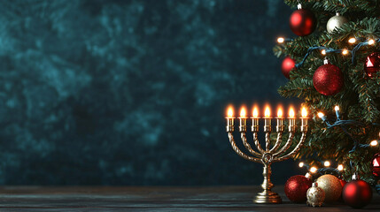 A warm holiday scene featuring a glowing menorah beside a decorated Christmas tree, creating a blend of festive traditions.