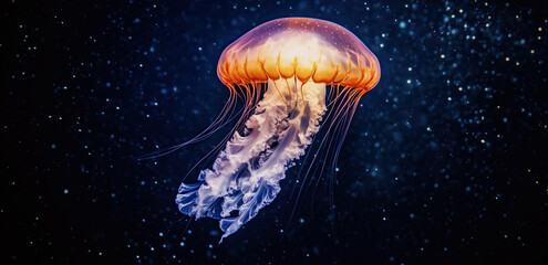Fototapeta premium Vibrant jellyfish gracefully gliding through deep blue waters illuminated by soft light in an underwater display of aquatic life