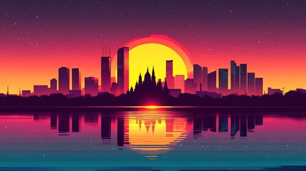 Fototapeta premium Flat illustration of Moscow's St. Basil's Cathedral silhouette, set against a dusk sky filled with bold hues of blue, violet, and crimson,