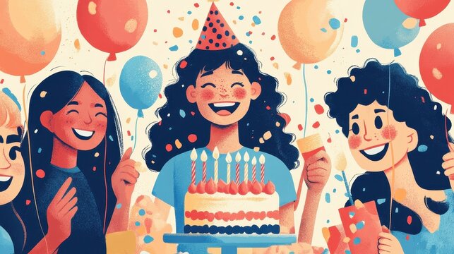 A joyful gathering at a birthday party, with balloons, cake, and smiling faces all around.