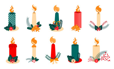 Christmas decoration candle icons in a flat design