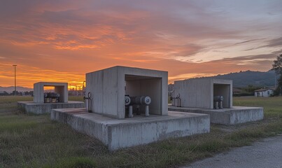 Three concrete valve boxes in a field at sunrise with a factory in the background.