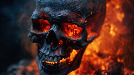 Abstract image capturing the fiery glow of burning charcoal with the ghostly outline of a human skeleton partially obscured by smoke,