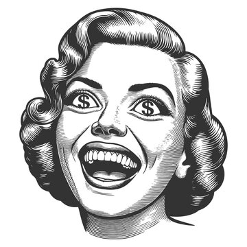 recommend clip art: excited woman with dollar signs in her eyes, symbolizing greed, money, and consumerism sketch engraving generative ai raster illustration. Scratch board imitation. Black and white image.