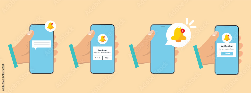 Poster hand holding smartphone with reminder message in a flat design