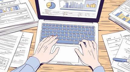 Obraz premium An illustration shows hands typing on a laptop with graphs, representing work productivity and analytical tasks.