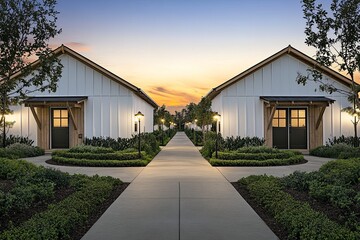 Two identical white cottages with black doors on either side of a concrete walkway lined with green bushes at dusk.