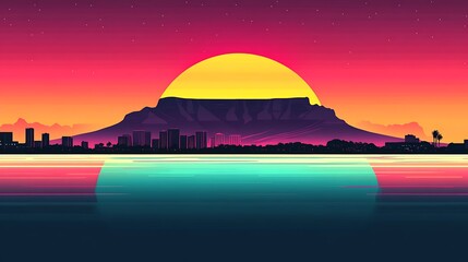 Fototapeta premium Flat illustration of Table Mountain with a colorful sunset background, using vibrant hues of orange, pink, and violet to create a striking gradient,