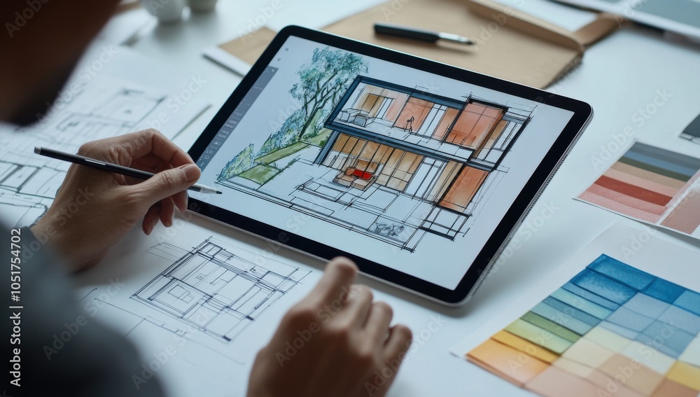 Poster Architect designer working on tablet with modern house drawing, sketching and using color palette for interior design in office studio. Concept of using digital technologies for house project plan.