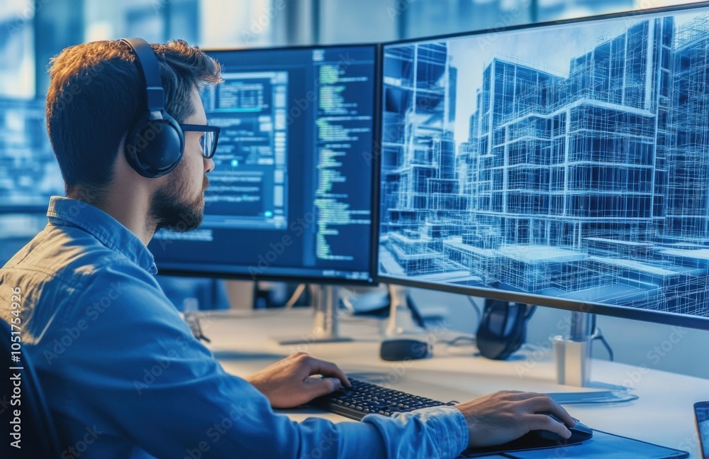 Poster The software developer is sitting at their desk, wearing headphones and working on an architectural design using the computer screen to display blueprints of buildings.