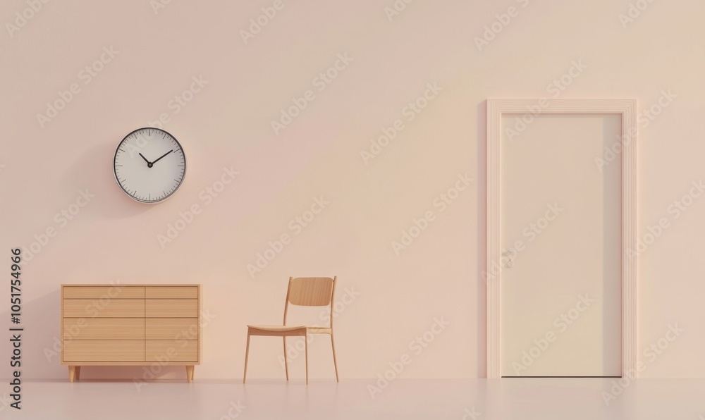 Poster A minimalist interior with an empty wall, featuring only one clock and a door on the right side of the frame. A light pink color scheme is used for the background, creating a calm atmosphere.