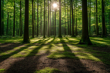 Obraz premium Sunlit Forest Pathway with Green Foliage