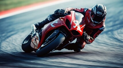 A motorcycle racer leans into a turn on a racetrack, showcasing the speed and thrill of the sport.