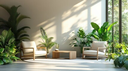 Fototapeta premium A serene waiting room filled with comfortable seating and plants, promoting calmness.