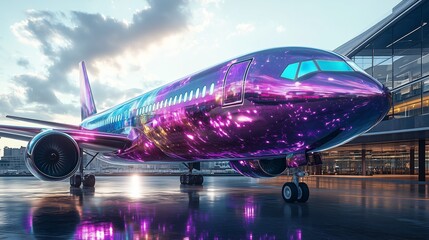 Fototapeta premium A futuristic airplane with a sleek, iridescent design reflecting a galaxy pattern on its exterior