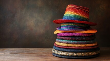 A stack of unique hats, each representing a different culture, arranged creatively on a wooden table.