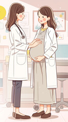 A joyful pregnant woman and her cheerful doctor share a moment in a warmly lit cartoon-style consultation room.
