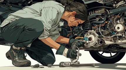 A female mechanic is intensely working on a vehicle's engine, showcasing skill and precision in a garage.