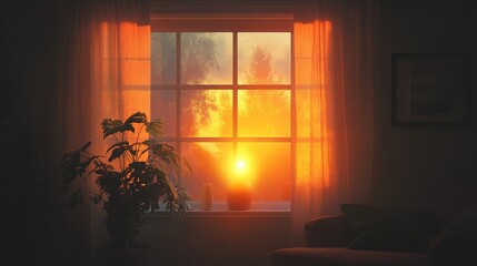 A warm, inviting living room window, glowing softly as night falls outside.