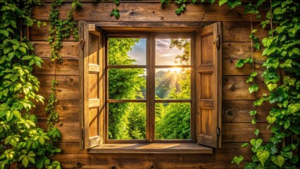 Rustic Wooden Window Framed by Nature's Beauty - Captivating Architectural Detail with Lush Greenery and Soft Natural Light, Evoking Warmth and Serenity in a Tranquil Setting