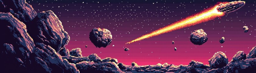Fototapeta premium Vibrant space landscape with a dynamic meteor streaking through an asteroid field under a starry sky, capturing cosmic energy and adventure.