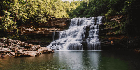 Obraz premium A tranquil waterfall cascading over rocks into a serene pool surrounded by lush, green trees during a sunny afternoon