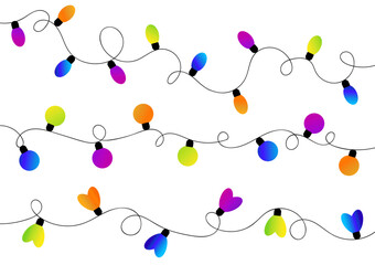 Naklejka premium Christmas colorful garland lights set. Bright gradient light bulbs on curvy ropes. Each design isolated on white background.