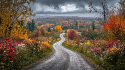 Obraz premium A winding country road framed by colorful hedgerows and wildflowers.