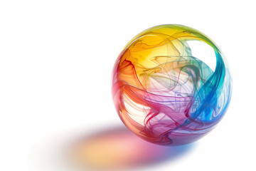 Close-up of a vibrant rainbow-colored soap bubble, floating against a white background.