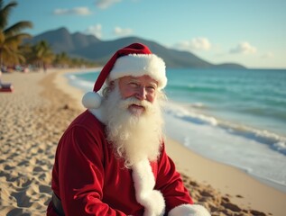 Fototapeta premium Tropical Christmas Retreat. A tropical Christmas scene with Santa Claus lounging. Holiday relaxation in a paradise setting concept.