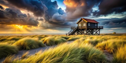 Fototapeta premium Stilt House in Sankt Peter-Ording, Germany on a Gloomy Overcast Day - Documenting Coastal Architecture and Nature's Elements