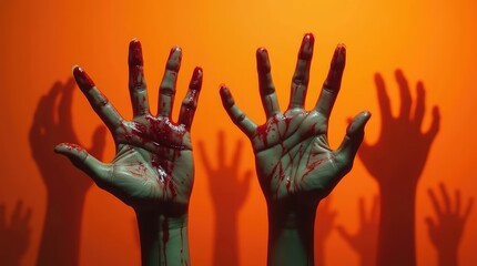 Bloody Monster Hands Against an Ominous Orange Background: The Perfect Visual for Halloween, Carnival, and Zombie-Themed Frightful Celebrations.

