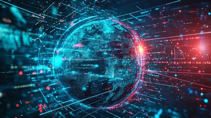Obraz premium 3D illustration of Earth planet in space with glowing lines. Global network connection and technology background.