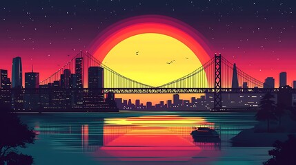 Obraz premium Flat illustration of the Golden Gate Bridge silhouette at sunset, set against a vibrant gradient sky of bright orange and deep red,