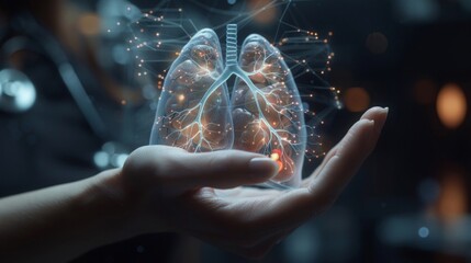 The image depicts a medical professional holding a transparent, digital representation of human lungs