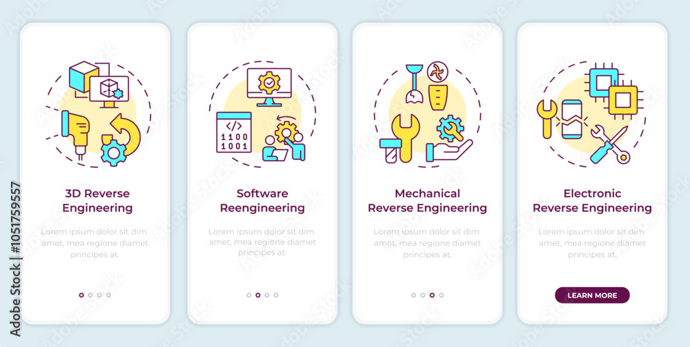 Poster types of reverse engineering onboarding mobile app screen. walkthrough 4 steps editable graphic inst