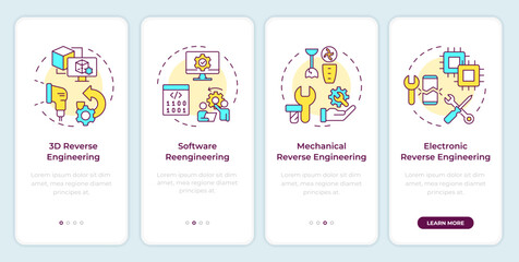 Types of reverse engineering onboarding mobile app screen. Walkthrough 4 steps editable graphic instructions with linear concepts. UI, UX, GUI template. Montserrat SemiBold, Regular fonts used