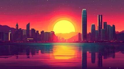 Flat illustration of the Hong Kong skyline silhouette, with iconic skyscrapers against a vivid dusk sky transitioning from deep blue to bright magenta and purple,