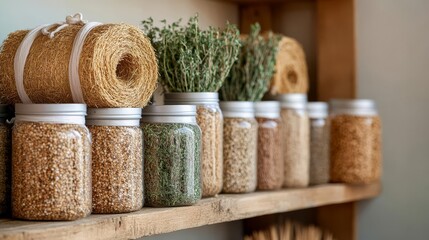 Cereal bales on rustic shelf with dried herbs, farmhouse vibe