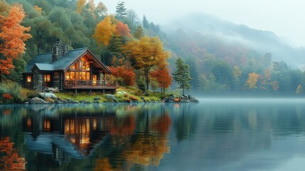 Fototapeta premium An artistic view of a house reflected in a calm lake, creating a serene atmosphere.