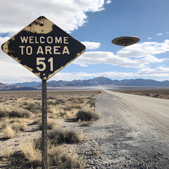 Welcome To Area 51 Sign With A UFO In The sky 