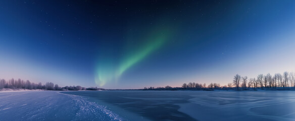 Northern lights illuminate a frozen lake under a starry sky during a clear winter night in a remote location