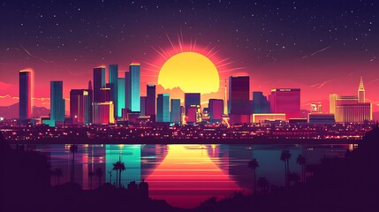 Flat illustration of the Las Vegas skyline silhouette, highlighting famous casinos with glowing neon lights in bright colors like red, blue, and yellow,
