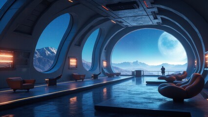 Fototapeta premium Futuristic space station interiors merge cutting-edge technology with functional design. Perfect for sci-fi productions and architectural visualization, featuring living spaces and research facilities