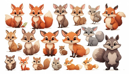 Fototapeta premium Cartoon wild animal stickers, cute clip art set, isolated on light background.