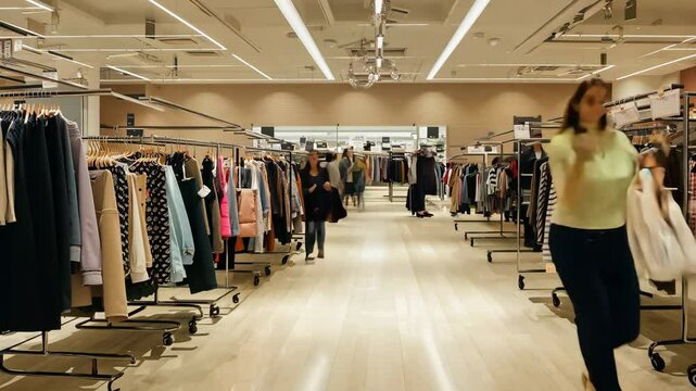 Many different stuff in clothing store. Lots of goods at market. People buying brand clothes in mall time lapse. Retail sale. Person buy things timelapse. Women paradise, shopping center.