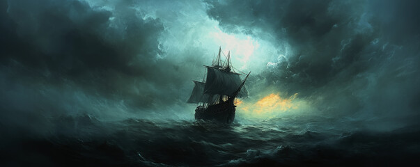 A lone sailing ship navigates through a stormy sea under dark, swirling clouds during twilight, battling the elements in an epic struggle